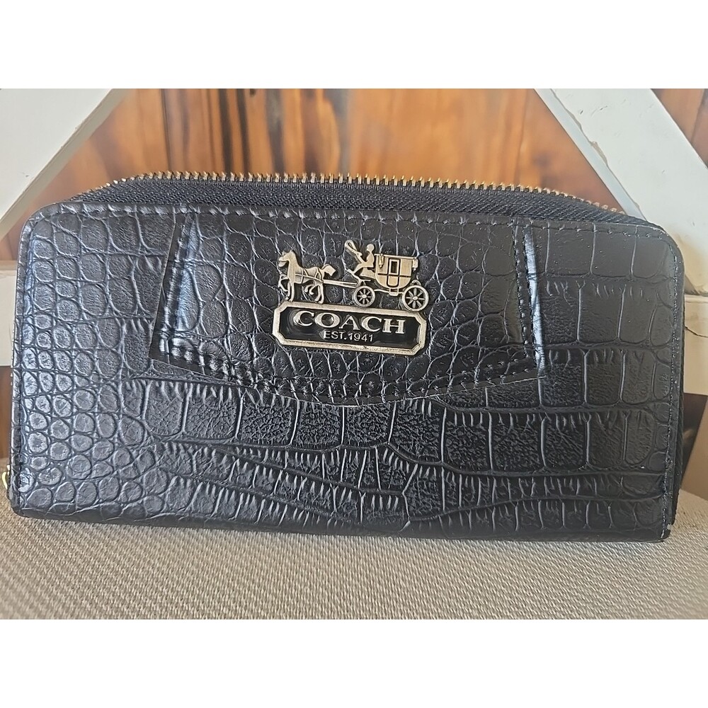 Zip Around Wallet Black Leather With Metal Hardware
